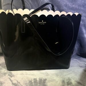 kate spade Black Patent Scallop-Edge Tote with Cream Trim